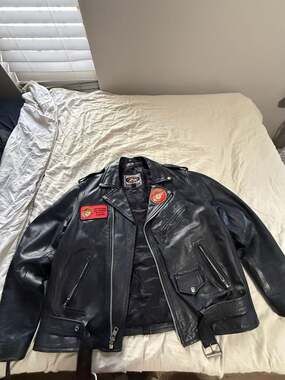 River Road Black Leather Motorcycle Jacket with USMC and Lone Wolf Patches